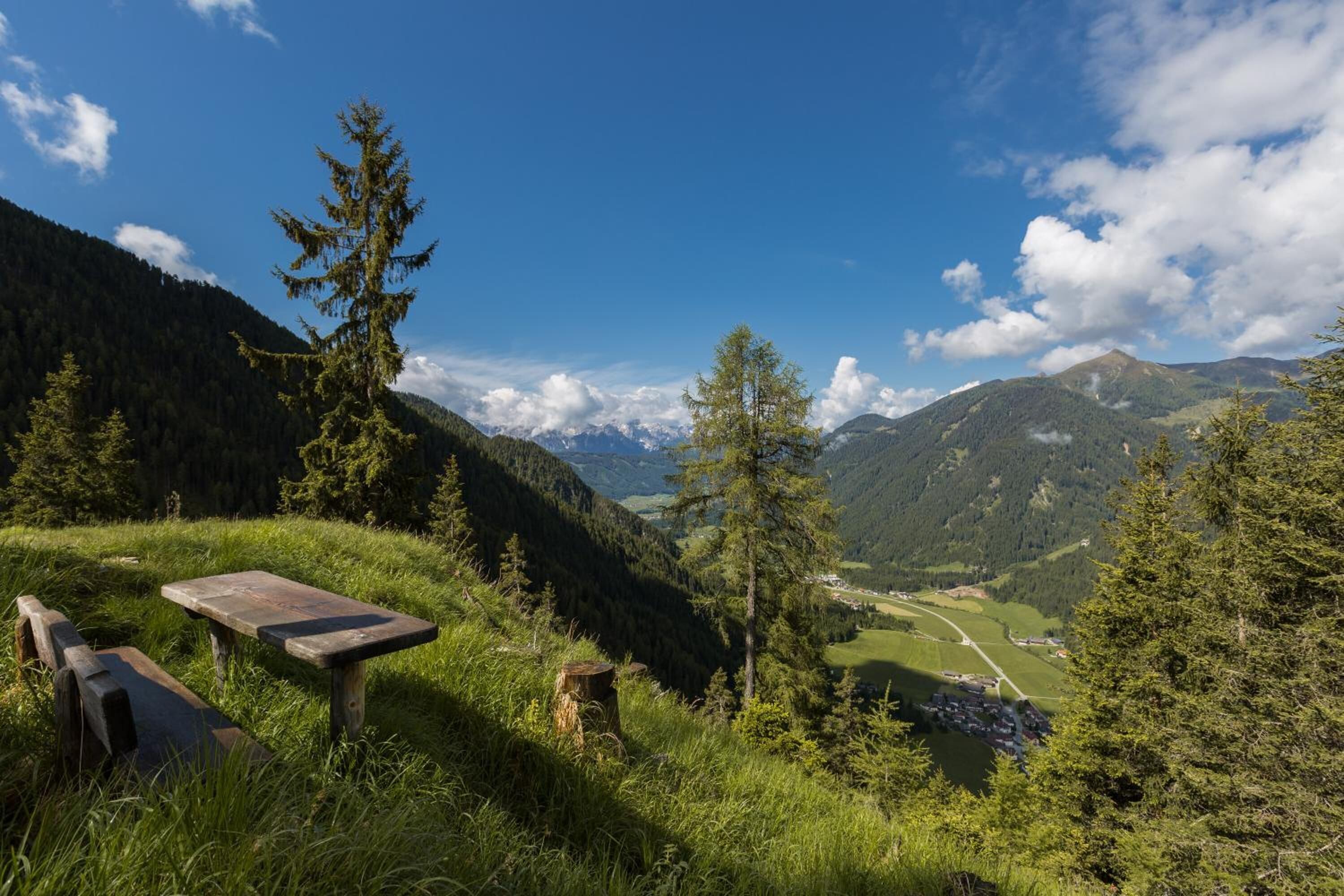 A bench and a picnic table on a grassy hillside overlooking a valley with mountains in the background.