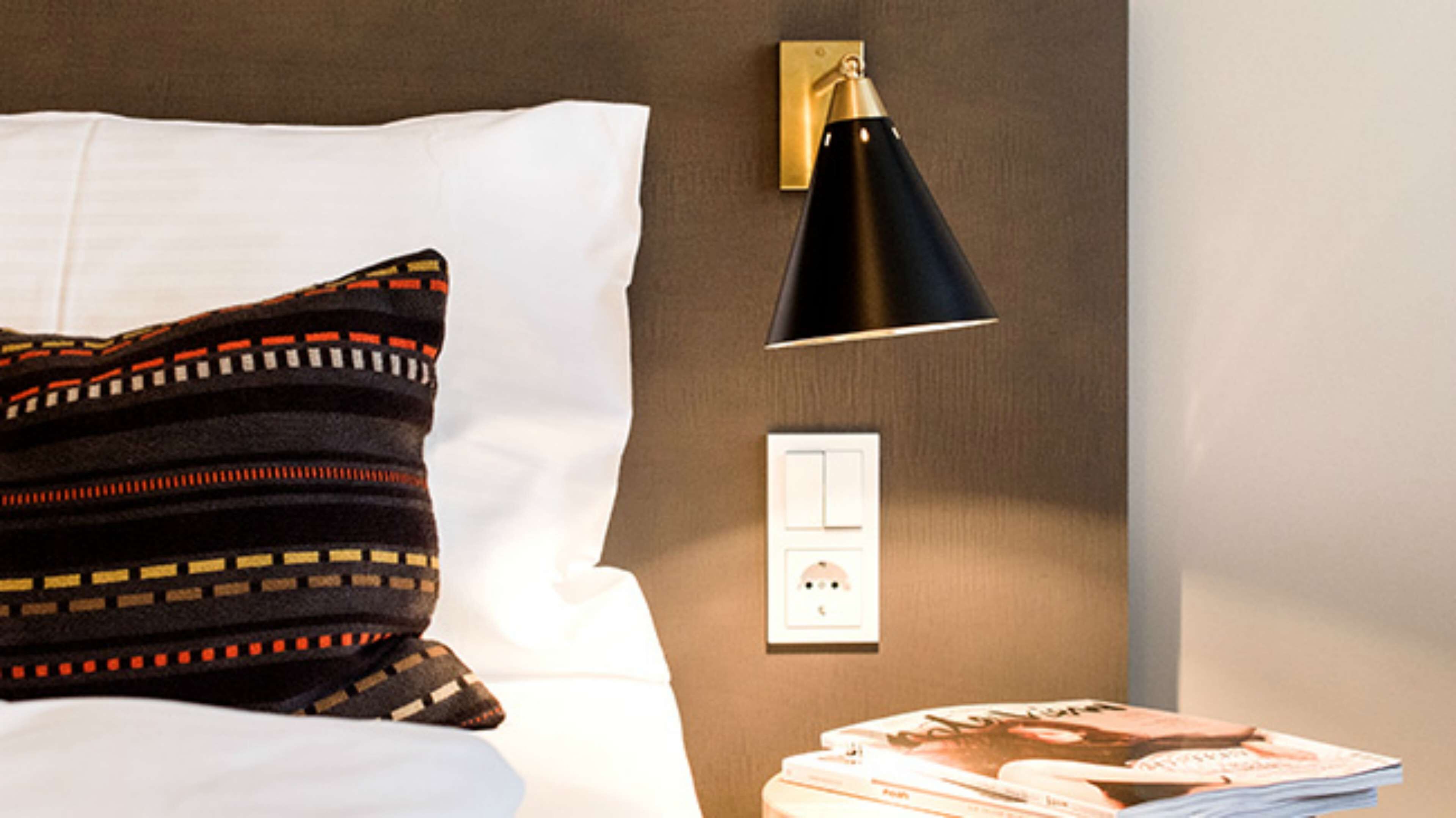 hypo-allergenic bedding, desk, laptop workspace, blackout curtains