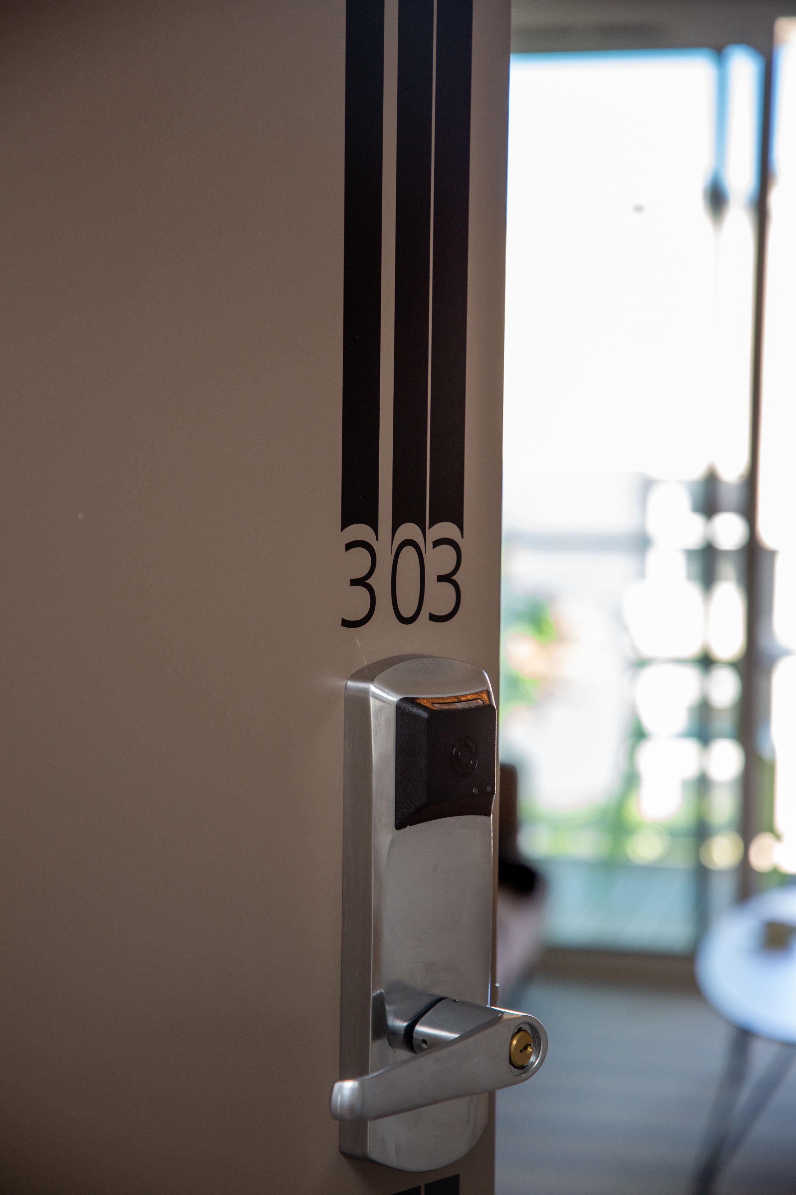 A door with the number 303, a metallic handle, and a keyhole.