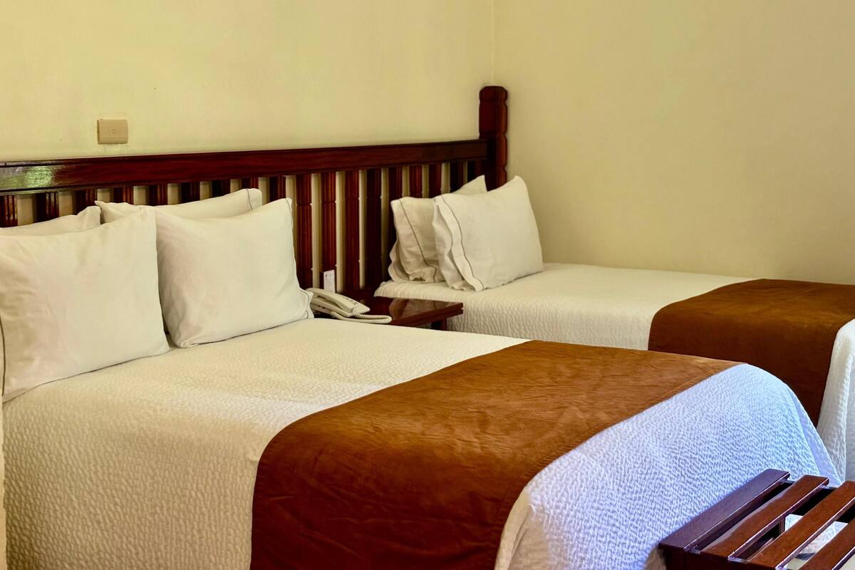 Habitación de hotel con dos camas, cada una con ropa blanca y detalles en marrón. Cuenta con un cabecero de madera, una mesita de noche con un teléfono e iluminación en la pared.