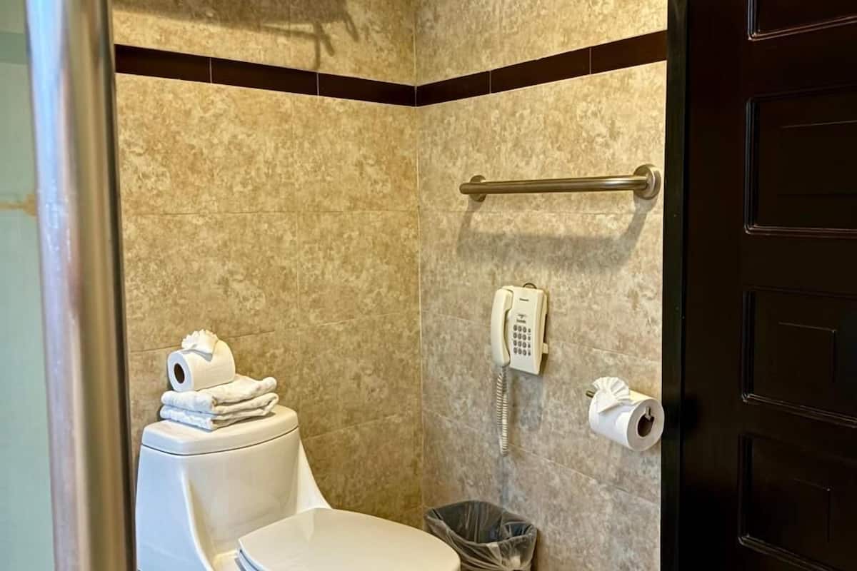 standard suite | bathroom | designer toiletries, soap, shampoo, toilet paper