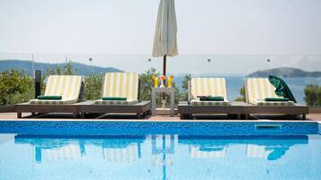 Outdoor pool, open 8:00 AM to 7:00 PM, pool umbrellas, sun loungers
