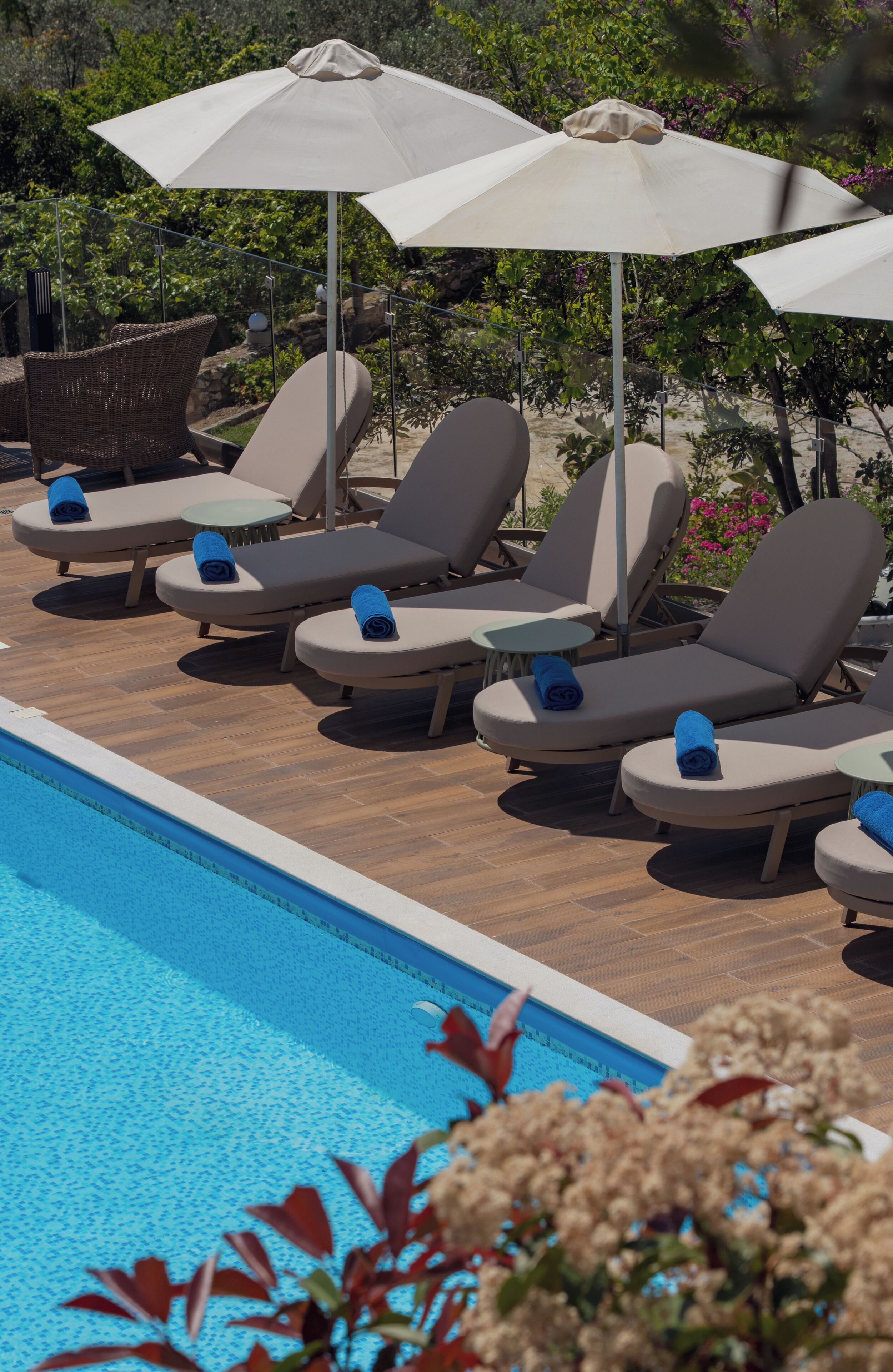 Un espace aménagé au bord de la piscine, avec des chaises longues et des parasols.