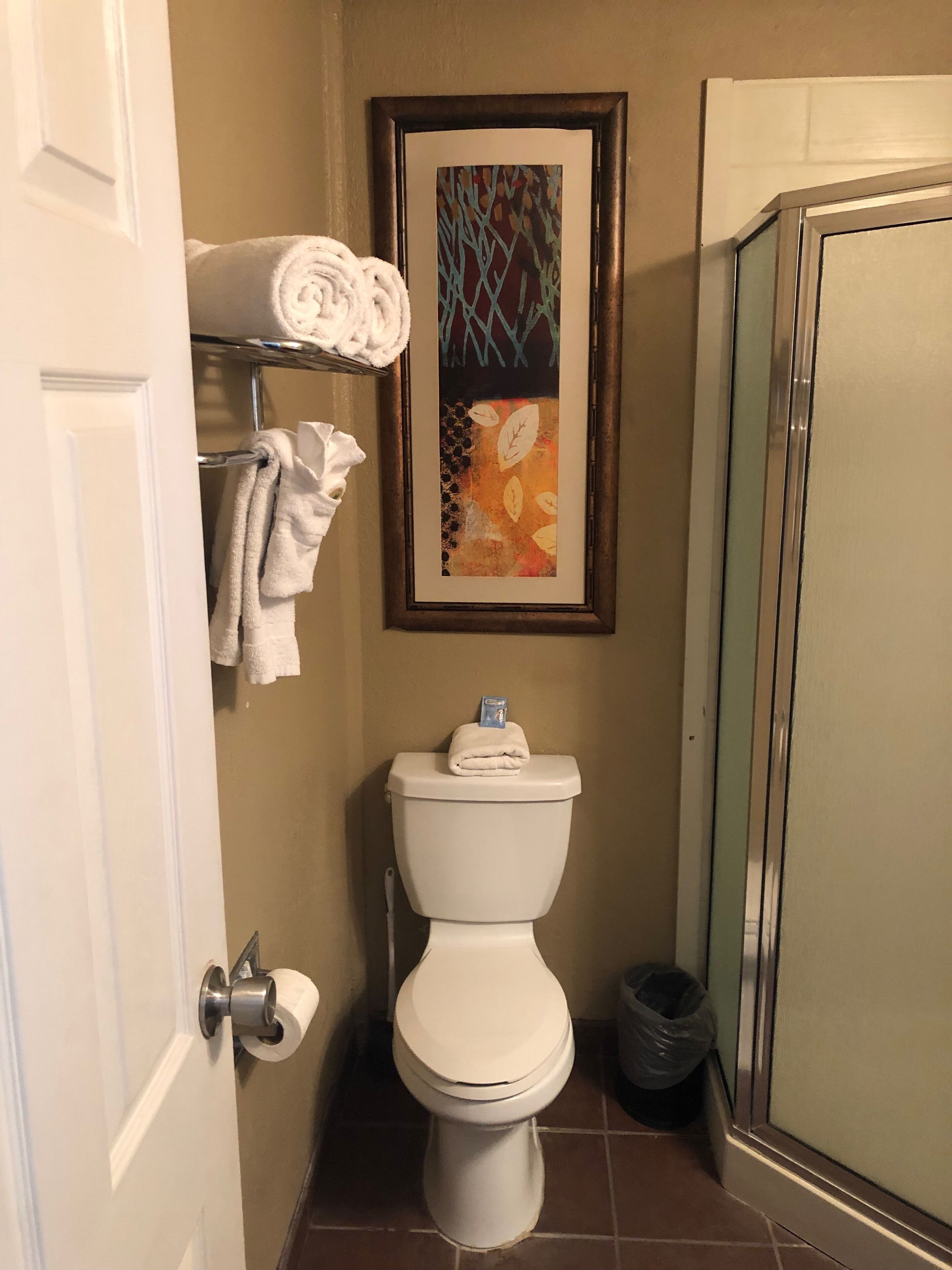 A bathroom with a toilet, a towel rack with folded towels, a framed artwork above the toilet, and a glass shower enclosure.