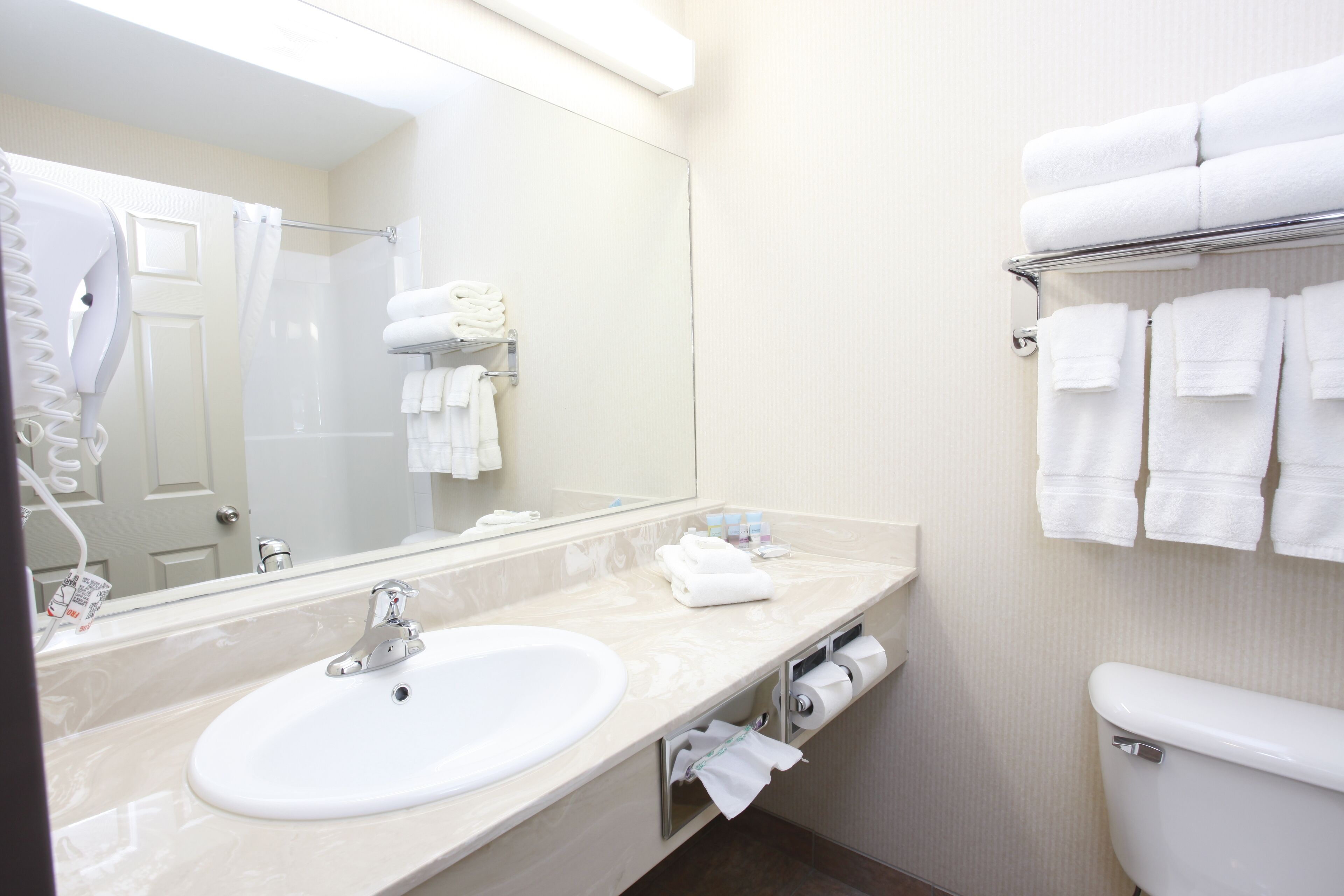 free toiletries, hair dryer, towels, soap