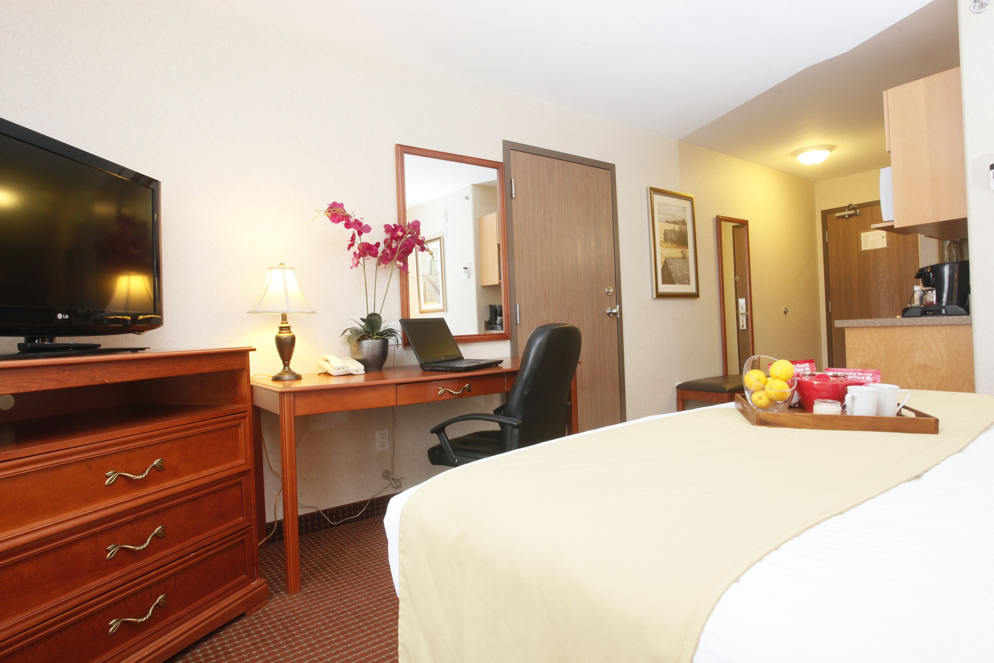 premium bedding, desk, laptop workspace, blackout curtains