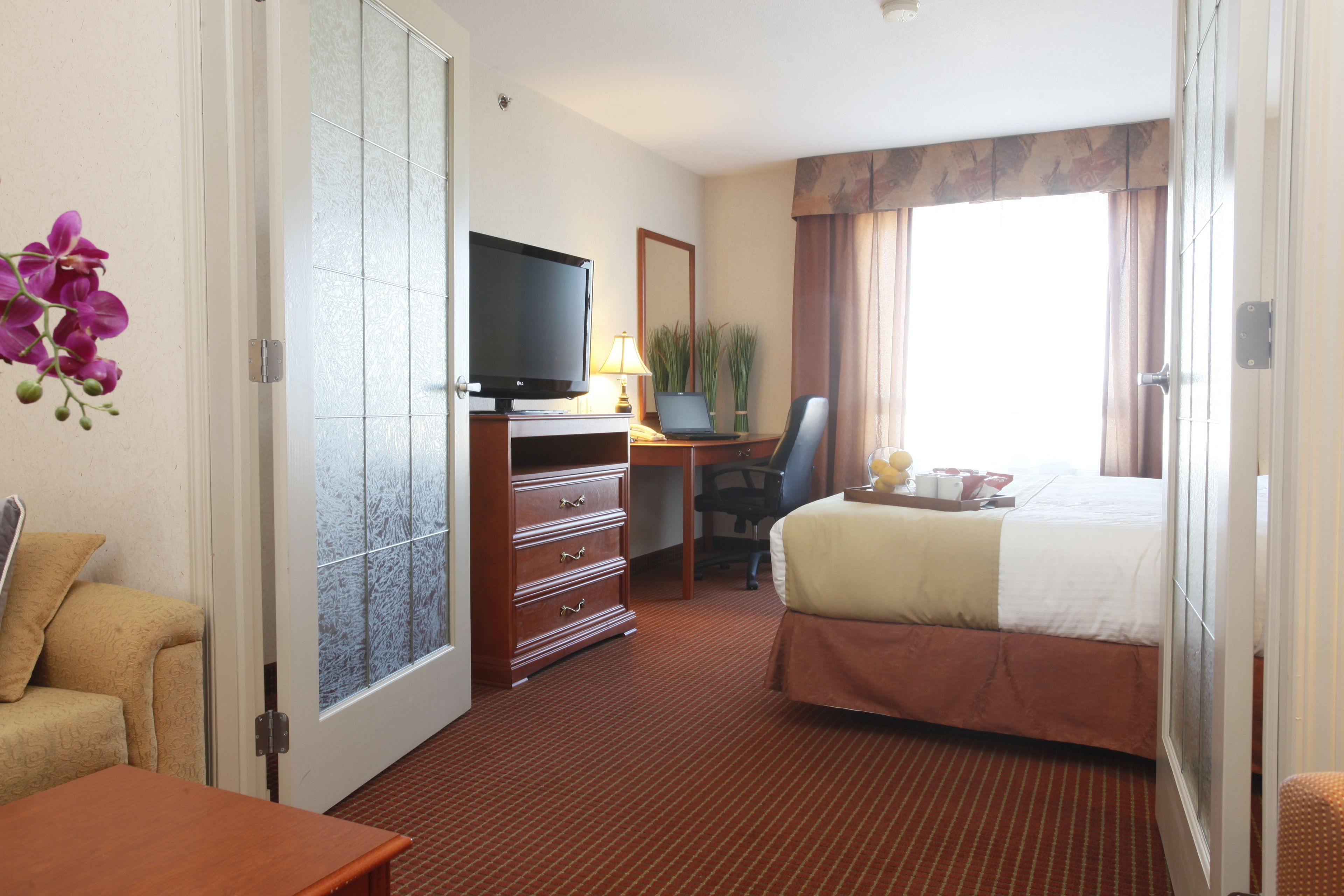 A hotel room with a bed, desk, television, and a window with curtains.