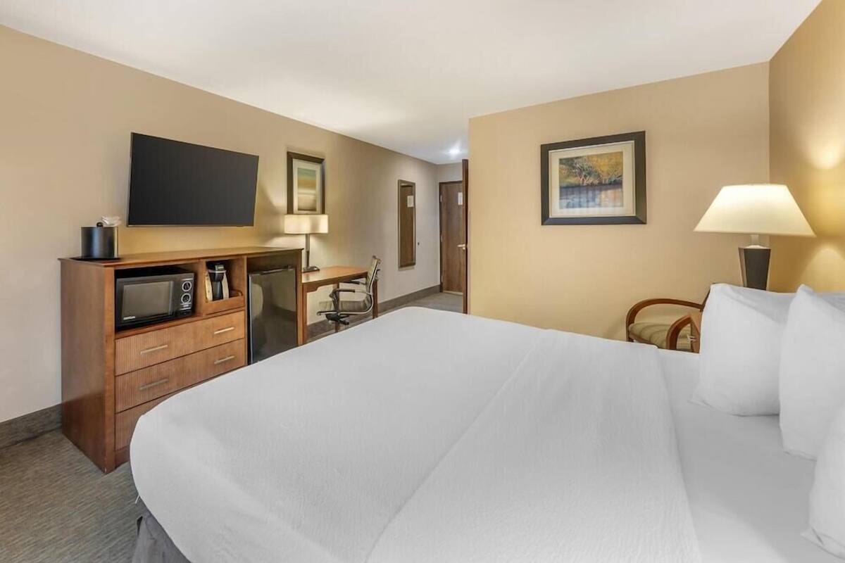 A hotel room with a large bed, a desk with a chair, a television, and a lamp.