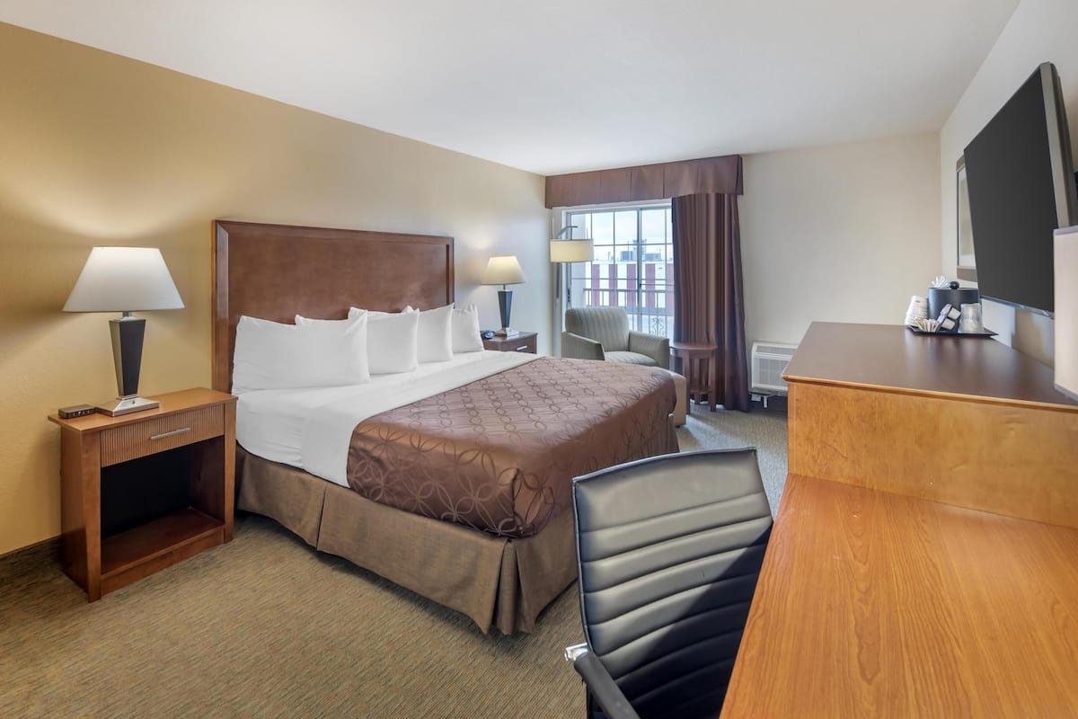 A hotel room with a large bed, two bedside tables with lamps, a desk, a chair, and a view of the city through the window.