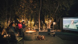 An outdoor seating area with a fire pit, surrounded by trees and potted plants, with a large screen displaying a person.