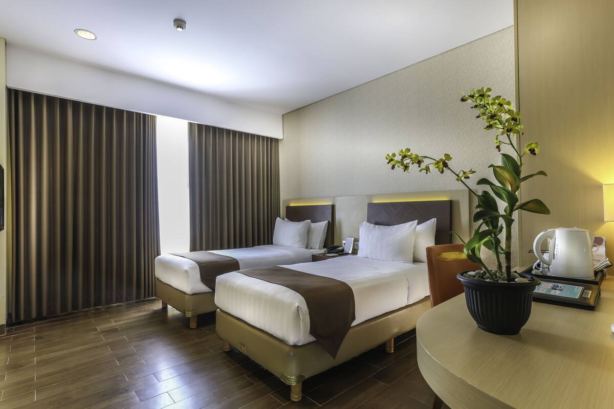 Une chambre d’hôtel avec deux lits, une plante en pot, une machine à café et une table de chevet.