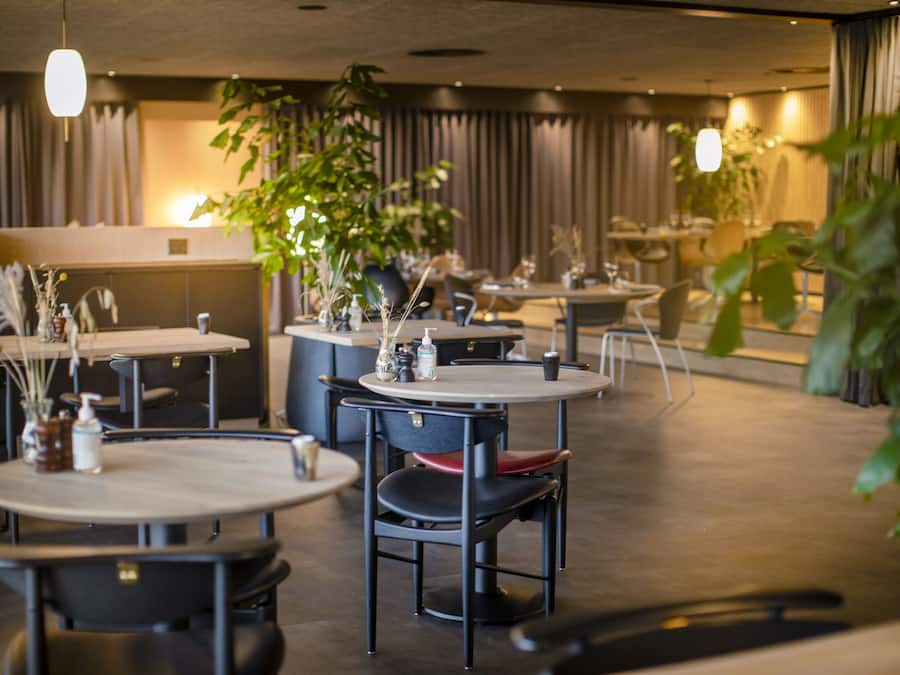 Ein Restaurant mit runden Tischen und Stühlen, Zimmerpflanzen und einer gemütlichen Atmosphäre.
