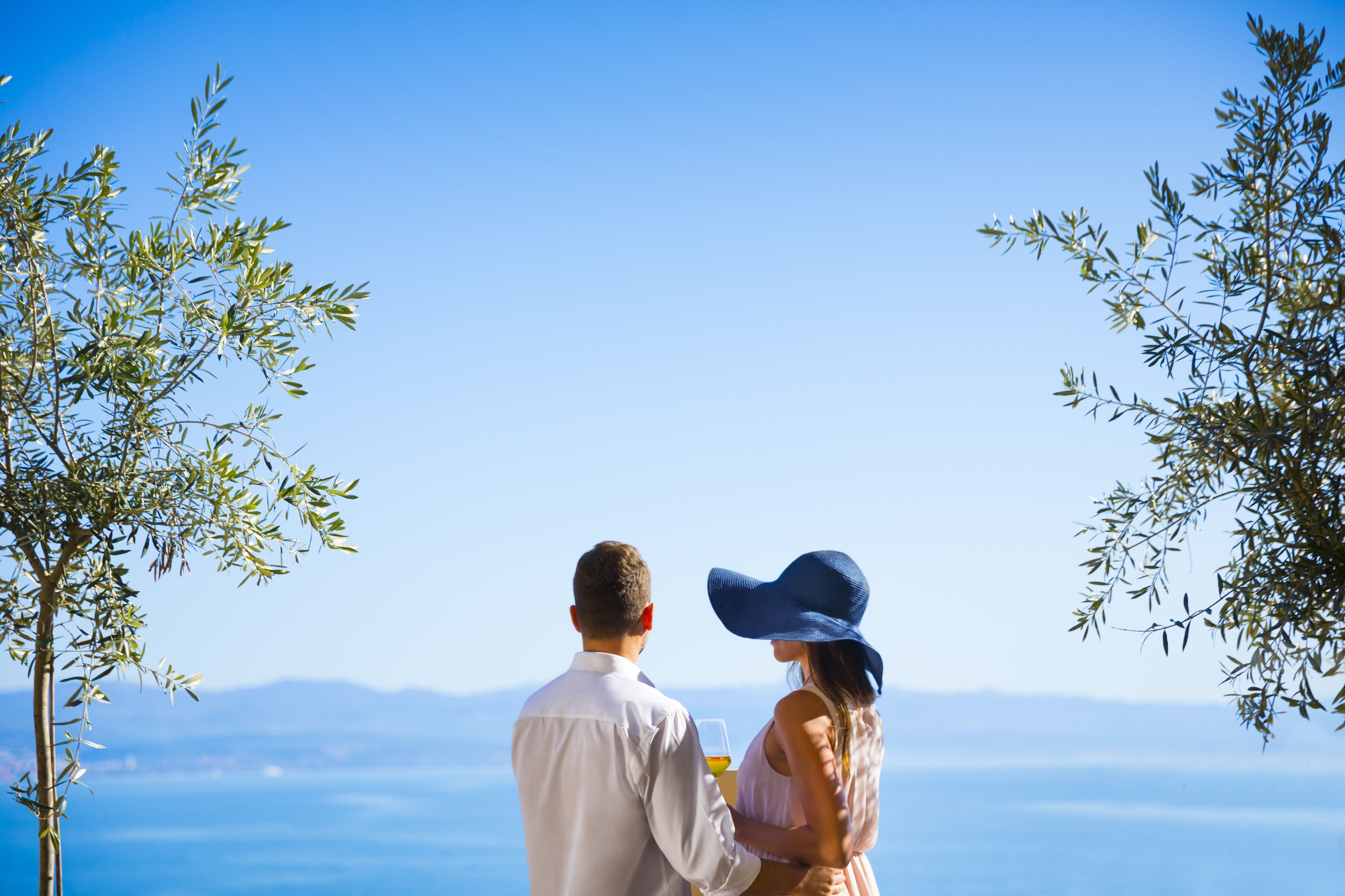 A couple overlooking a scenic view with olive trees framing the scene.