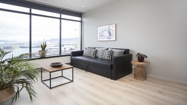 A modern living room with a large window, a black sofa, a wooden coffee table, and a potted plant. - Planet Apartments (Reykjavik)