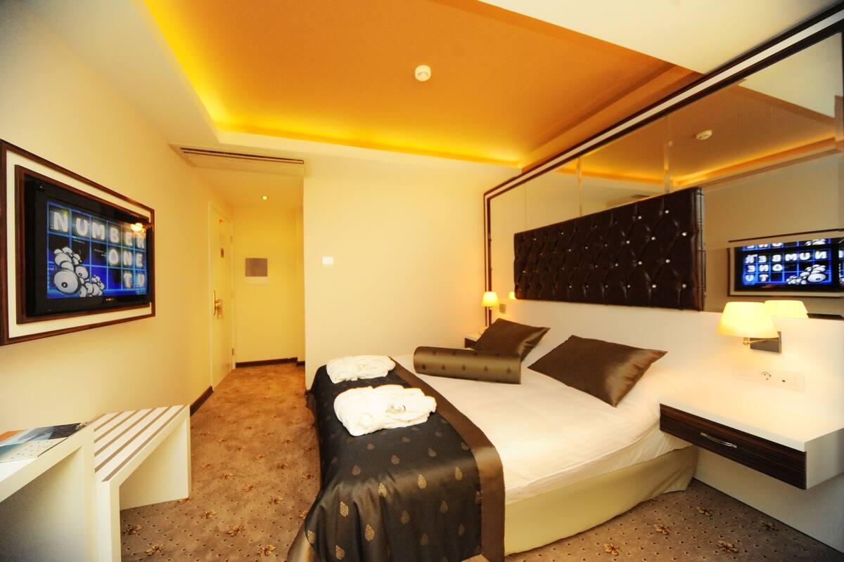 Una habitación de hotel con cama, mesita de noche, televisor y un espejo grande.