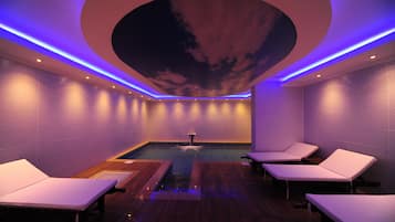 Seasonal outdoor pool, pool umbrellas, pool loungers