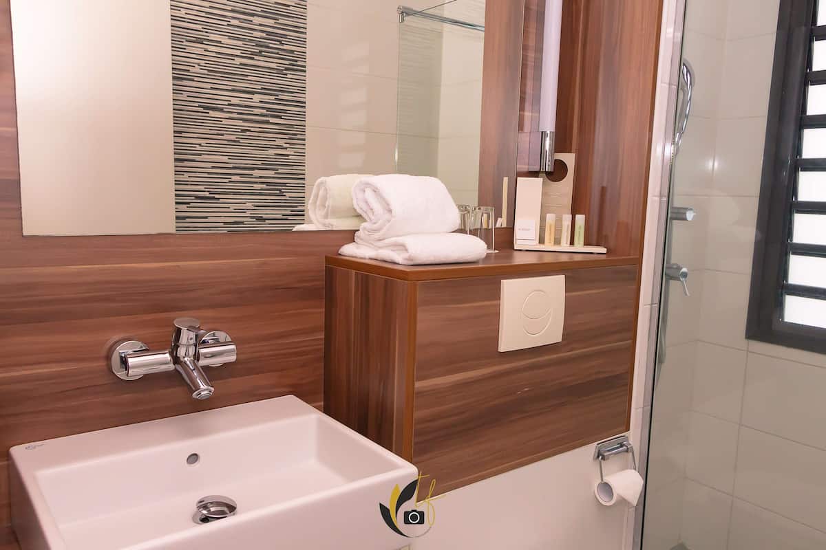 eco-friendly toiletries, hair dryer, towels