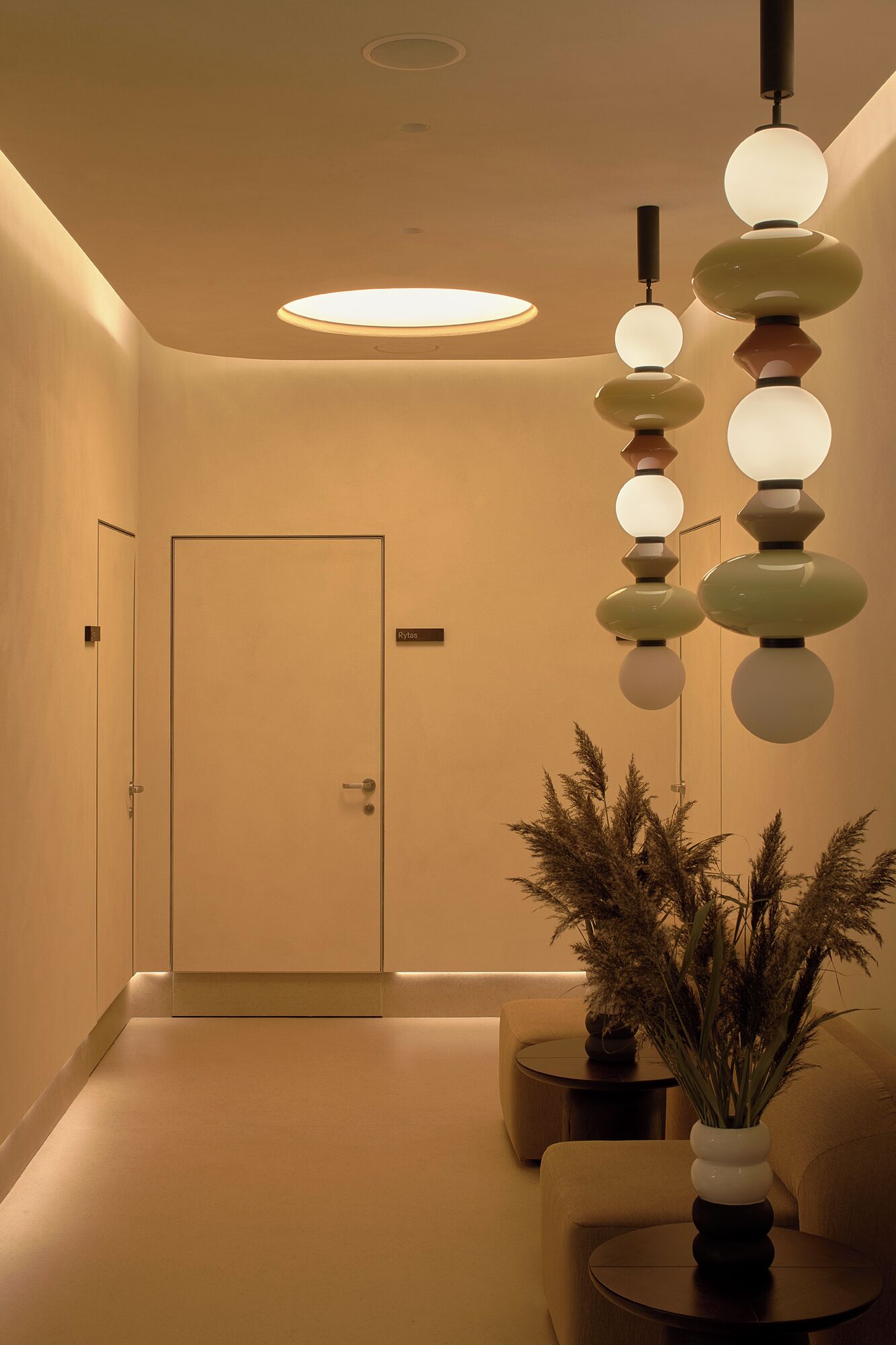 Un pasillo con una puerta marcada 'Rylas', una mesa redonda con una planta y una lámpara colgante con múltiples bombillas esféricas.