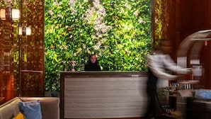 Un espace d’accueil agrémenté d’un mur végétal, d’un comptoir de réception, d’un canapé et d’un coin bar.