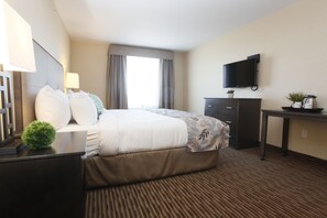 Premium bedding, pillow-top beds, desk, laptop workspace