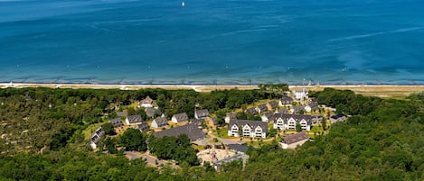 An aerial view of a coastal residential area with houses surrounded by dense greenery, a beach, and a calm sea with boats.