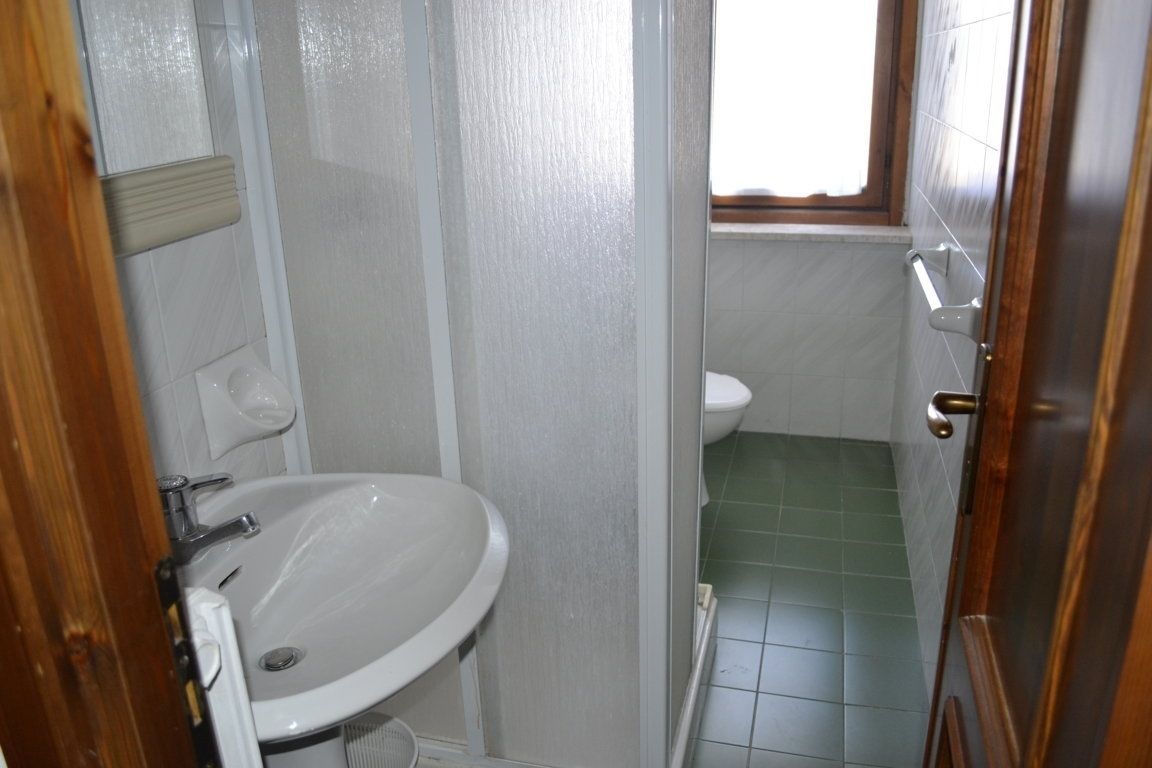 A bathroom with a white sink, a toilet, and a shower area.