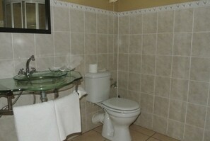 Chambre avec lits jumeaux | Salle de bain | Douche, articles de toilette gratuits, serviettes fournies