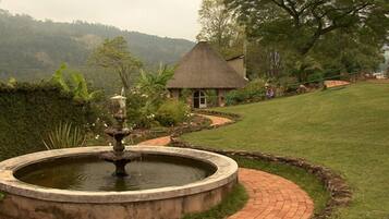 Escape to a serene garden oasis with a central water feature and lush greenery.