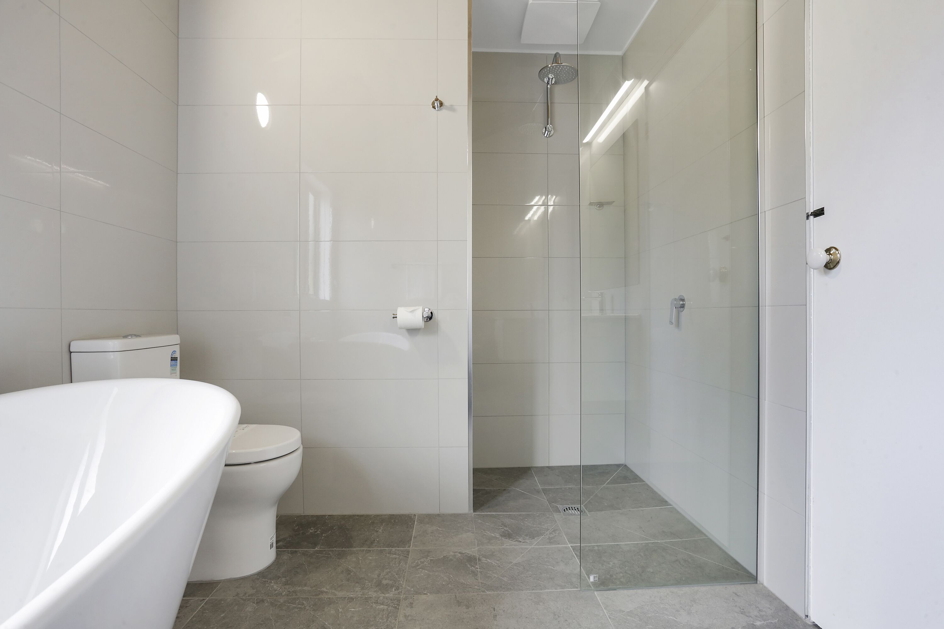 Un baño moderno con ducha envuelta en vidrio, inodoro blanco y bañera independiente.