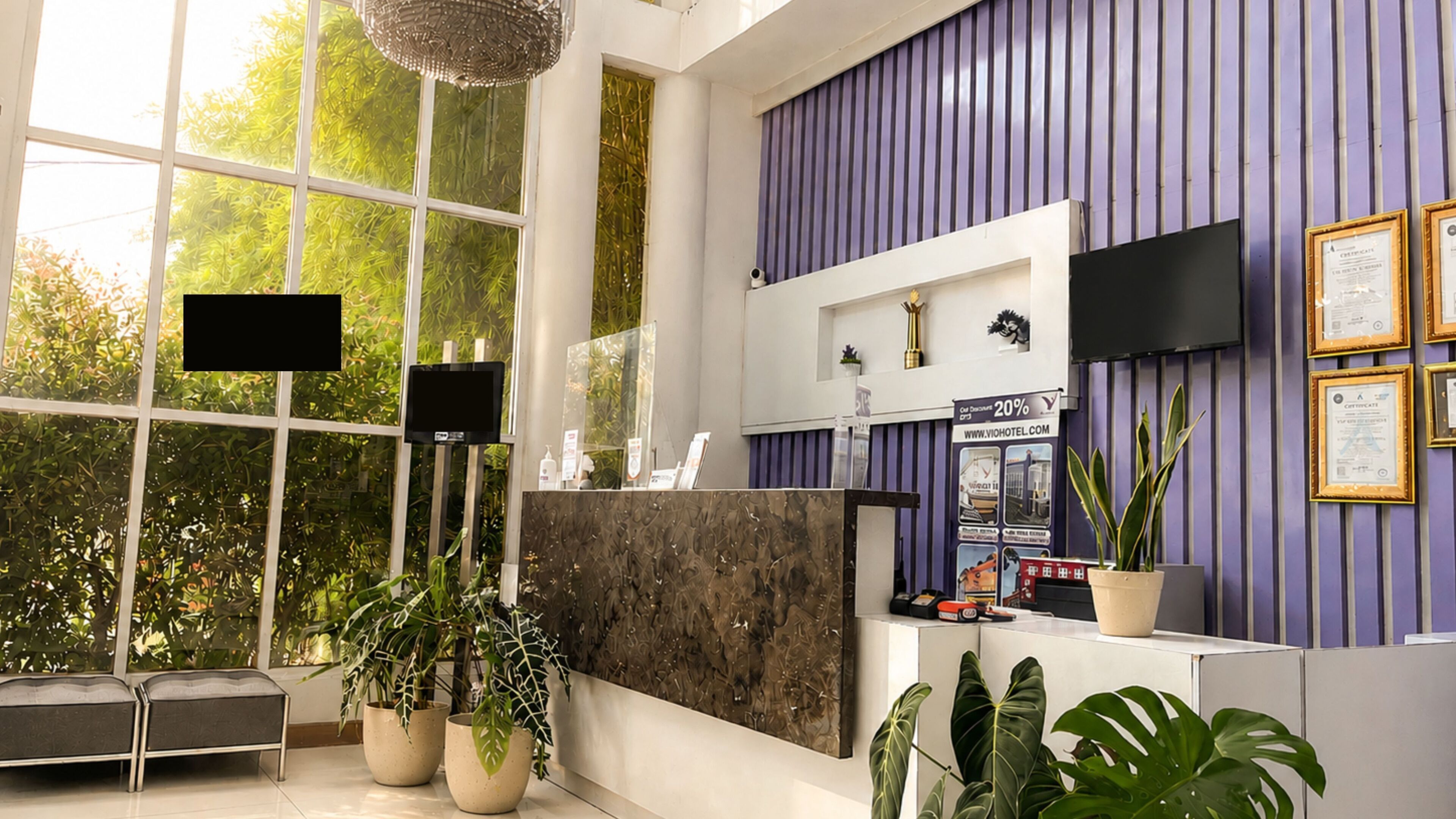 Un comptoir d’accueil avec une grande fenêtre, des plantes en pot et des certificats encadrés accrochés au mur.