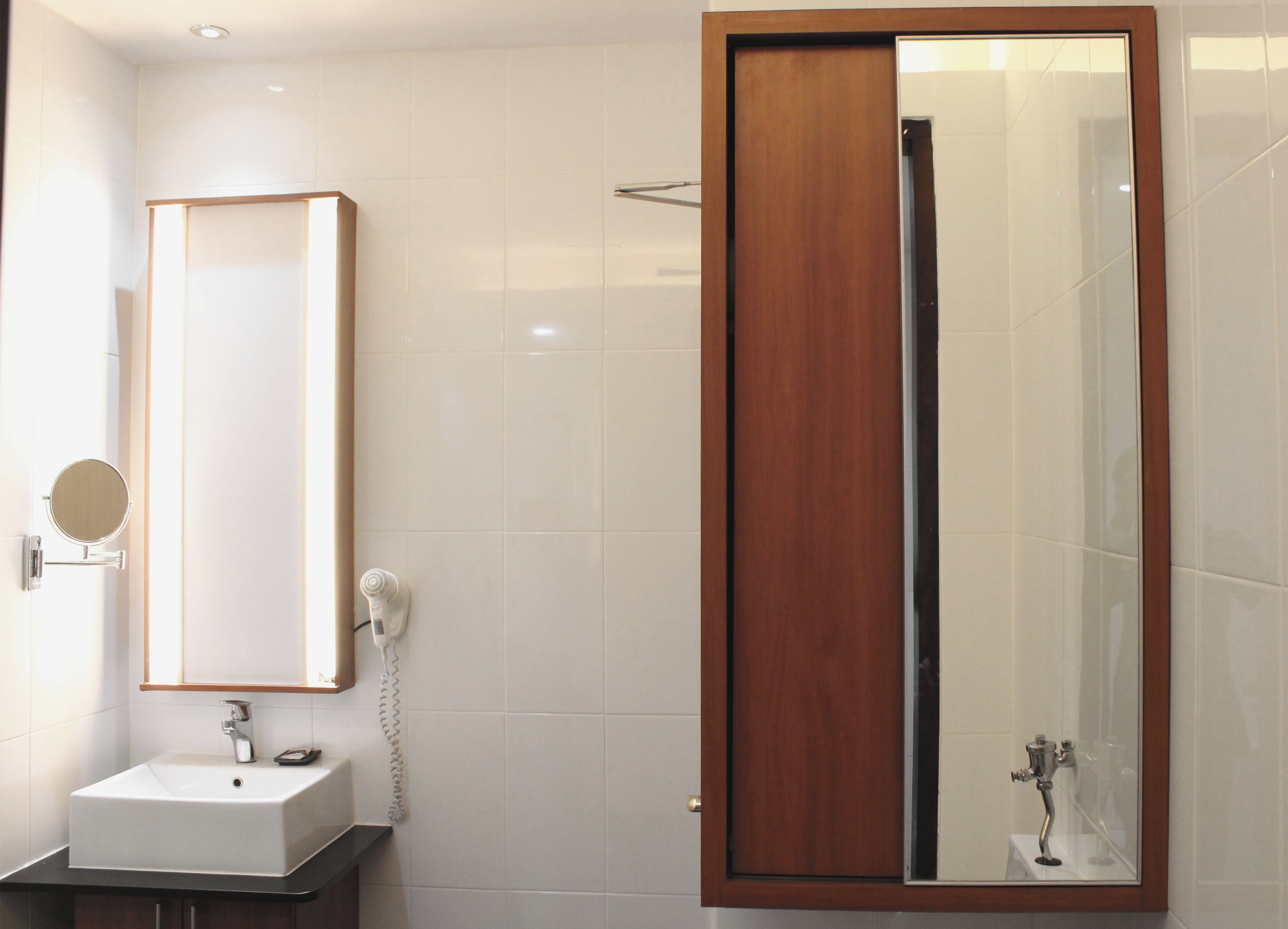 A bathroom with a white sink, a mirror, a handheld showerhead, and a wooden-framed mirror.