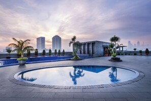 Indoor pool, outdoor pool, pool loungers