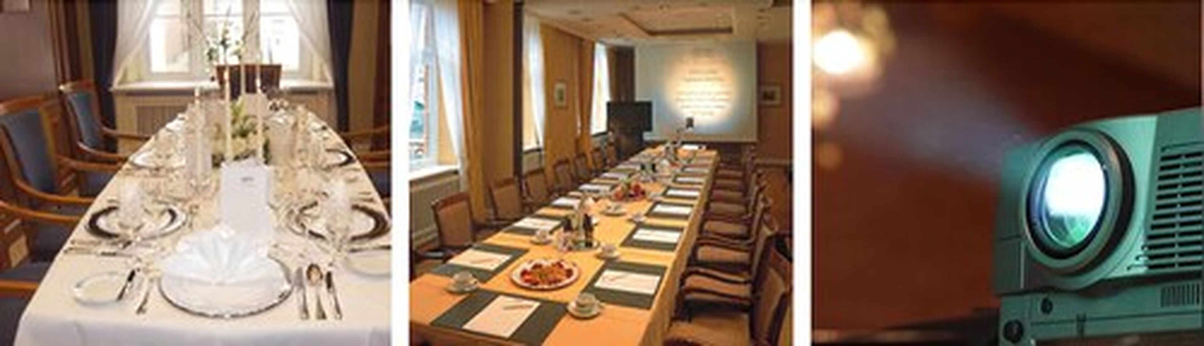 Une salle à manger avec une longue table dressée pour un repas, une salle de conférence avec une longue table et des chaises, et une pièce équipée d’un grand climatiseur.