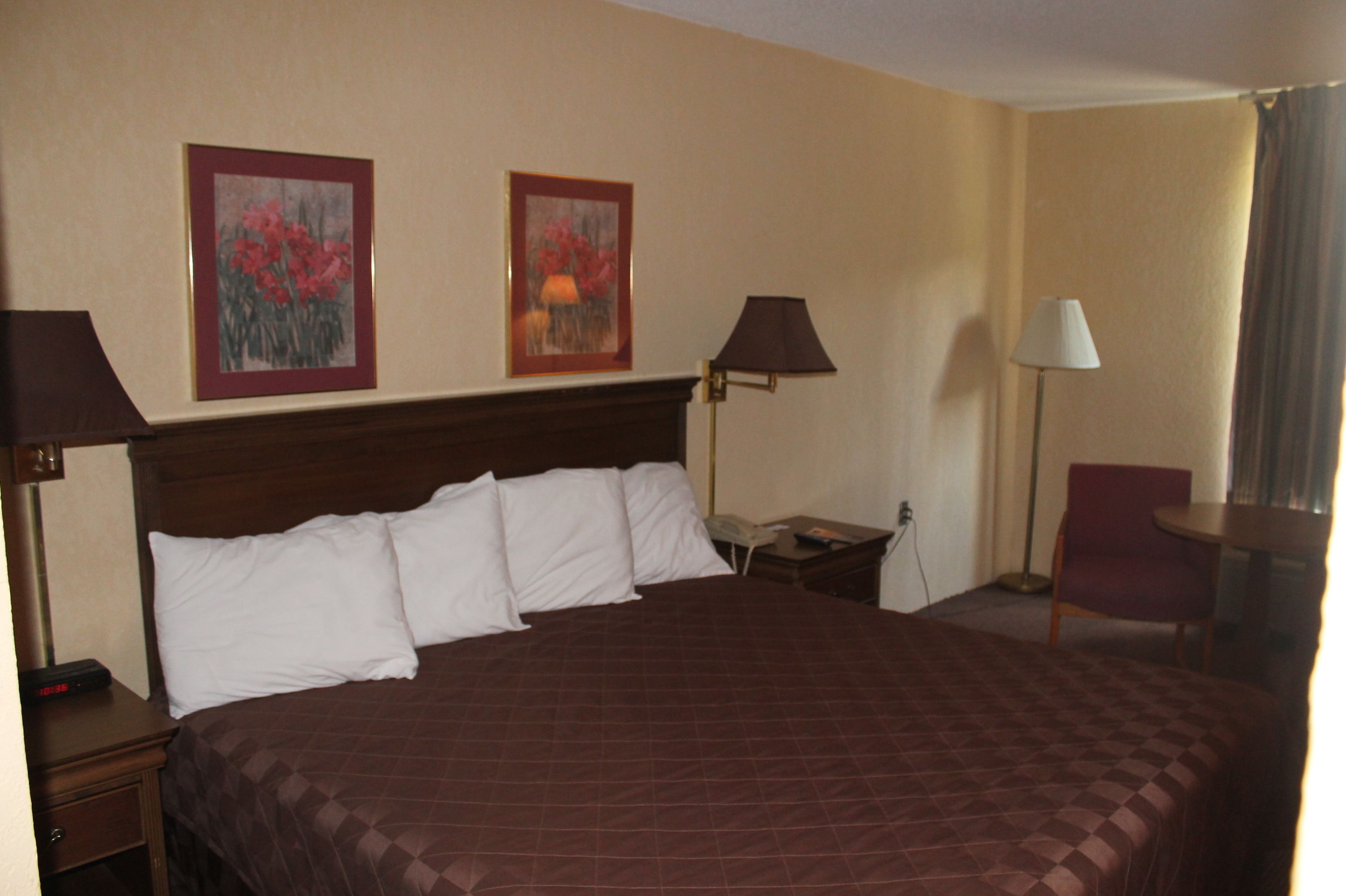 A hotel room with a large bed, two wall-mounted lamps, a chair, and two framed floral paintings.