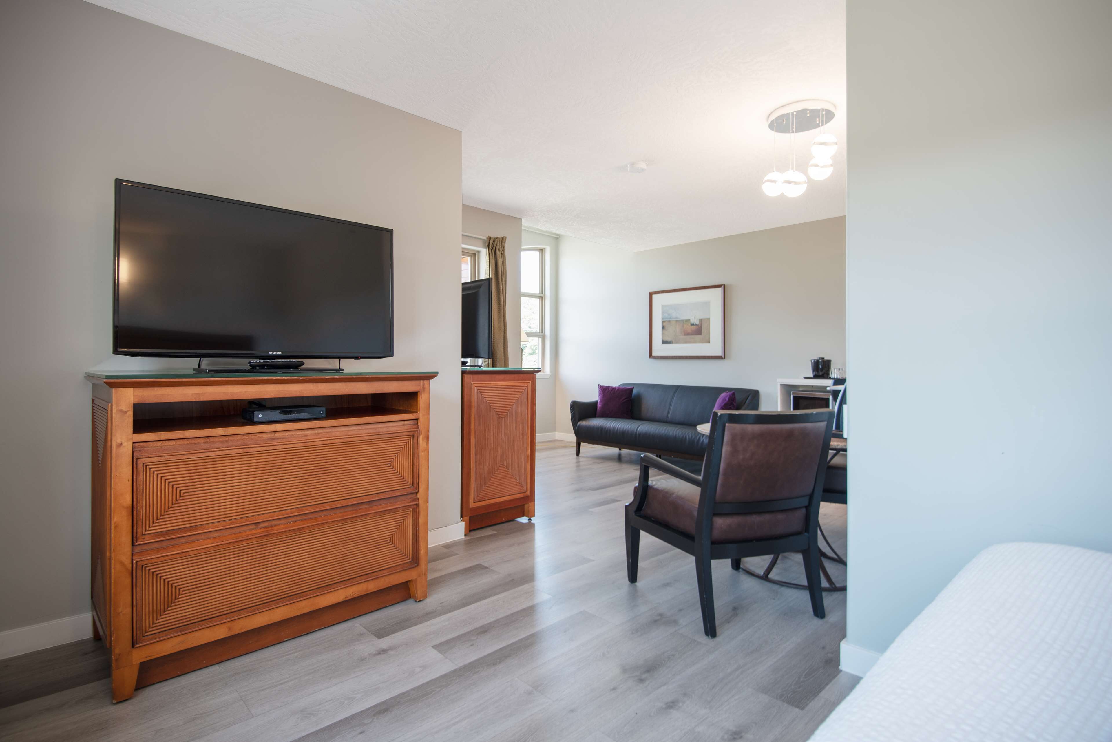 Una sala de estar moderna con un televisor de pantalla plana, un mueble de madera para entretenimiento, un sofá, una silla y una cama.