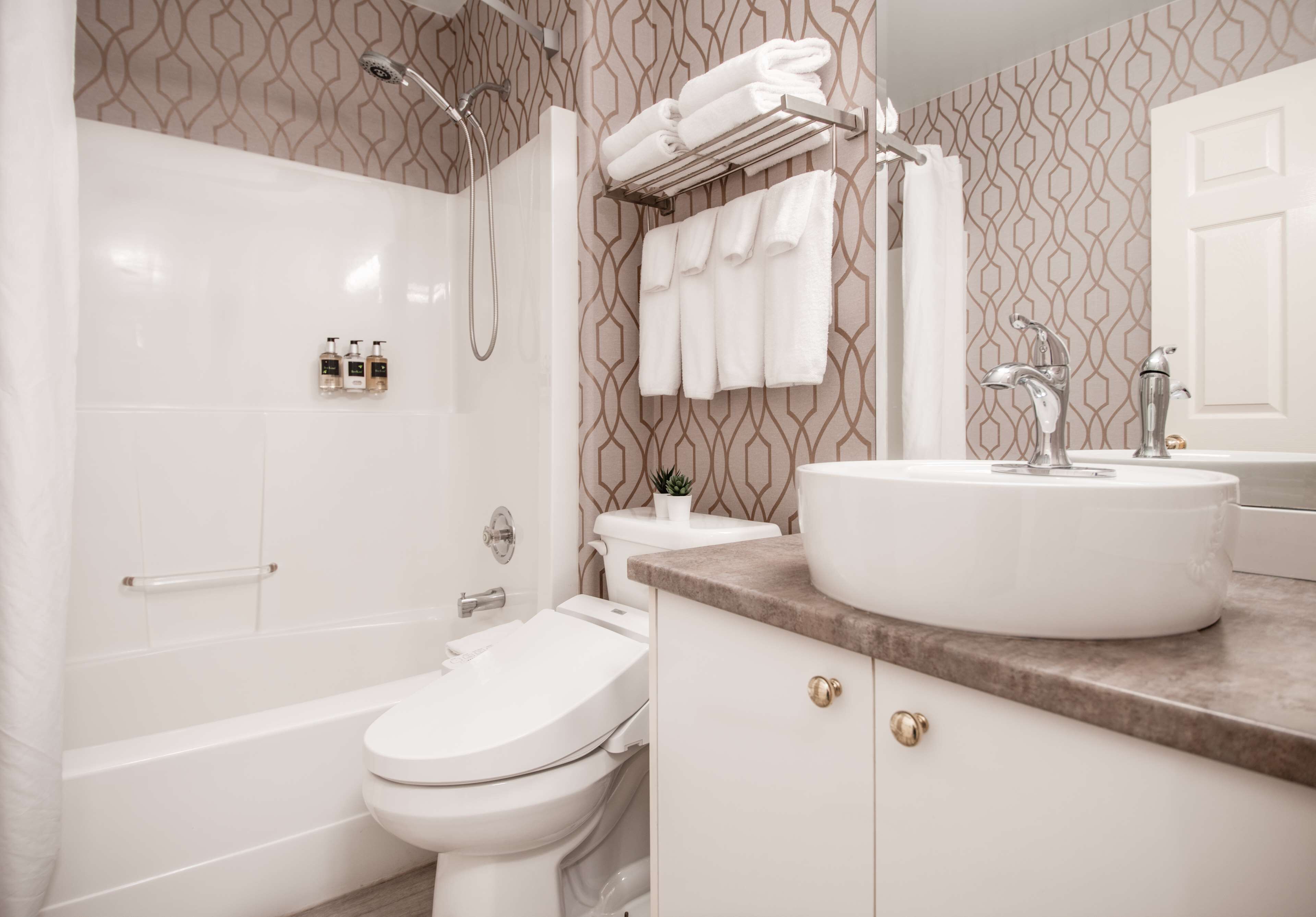 studio suite, 1 queen bed | bathroom | combined shower/bathtub, free toiletries, hair dryer, towels