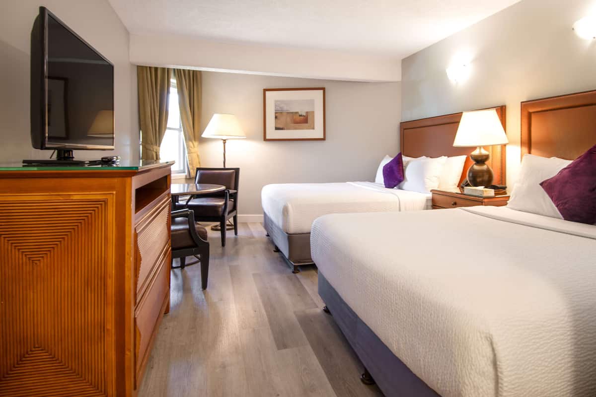 Une chambre d’hôtel avec deux lits, un bureau, une télévision et une lampe.