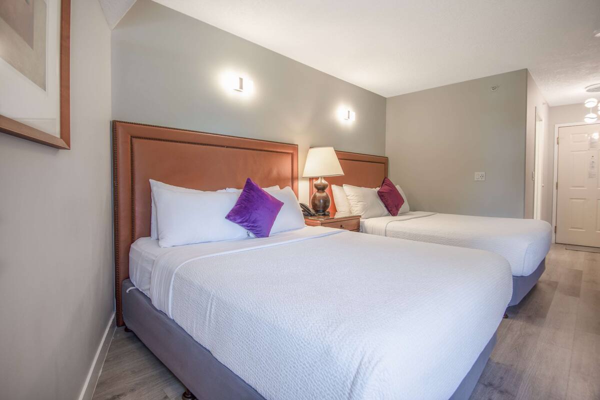 Une chambre d’hôtel avec deux lits, chacun étant équipé de draps blancs et d’oreillers violets. Une table de chevet avec une lampe se trouve entre les deux lits.