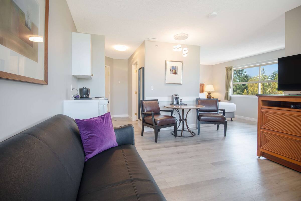 Un salon moderne avec un canapé en cuir foncé, un coin repas comprenant deux chaises, une table et un téléviseur posé sur un meuble en bois.