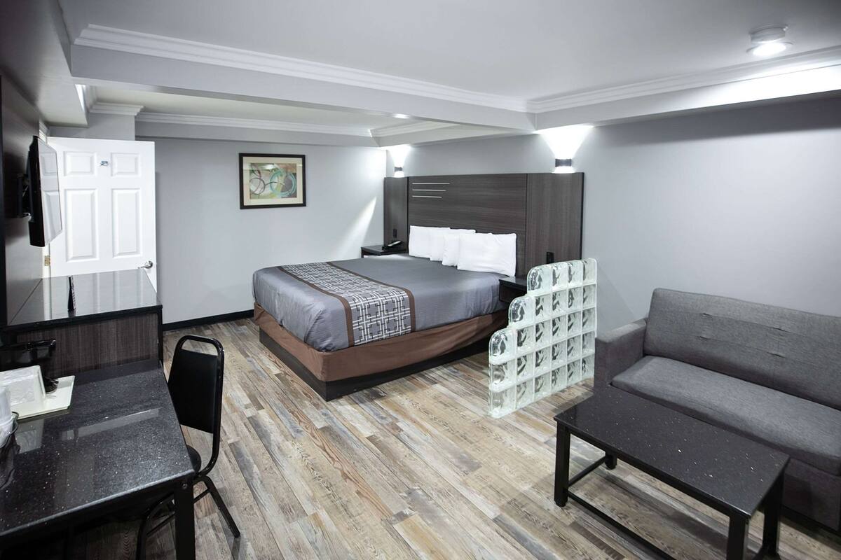 Una habitación de hotel moderna con una cama, un sofá, un escritorio y un zapatero.