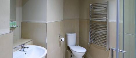 A bathroom with a sink, toilet, and glass shower enclosure.