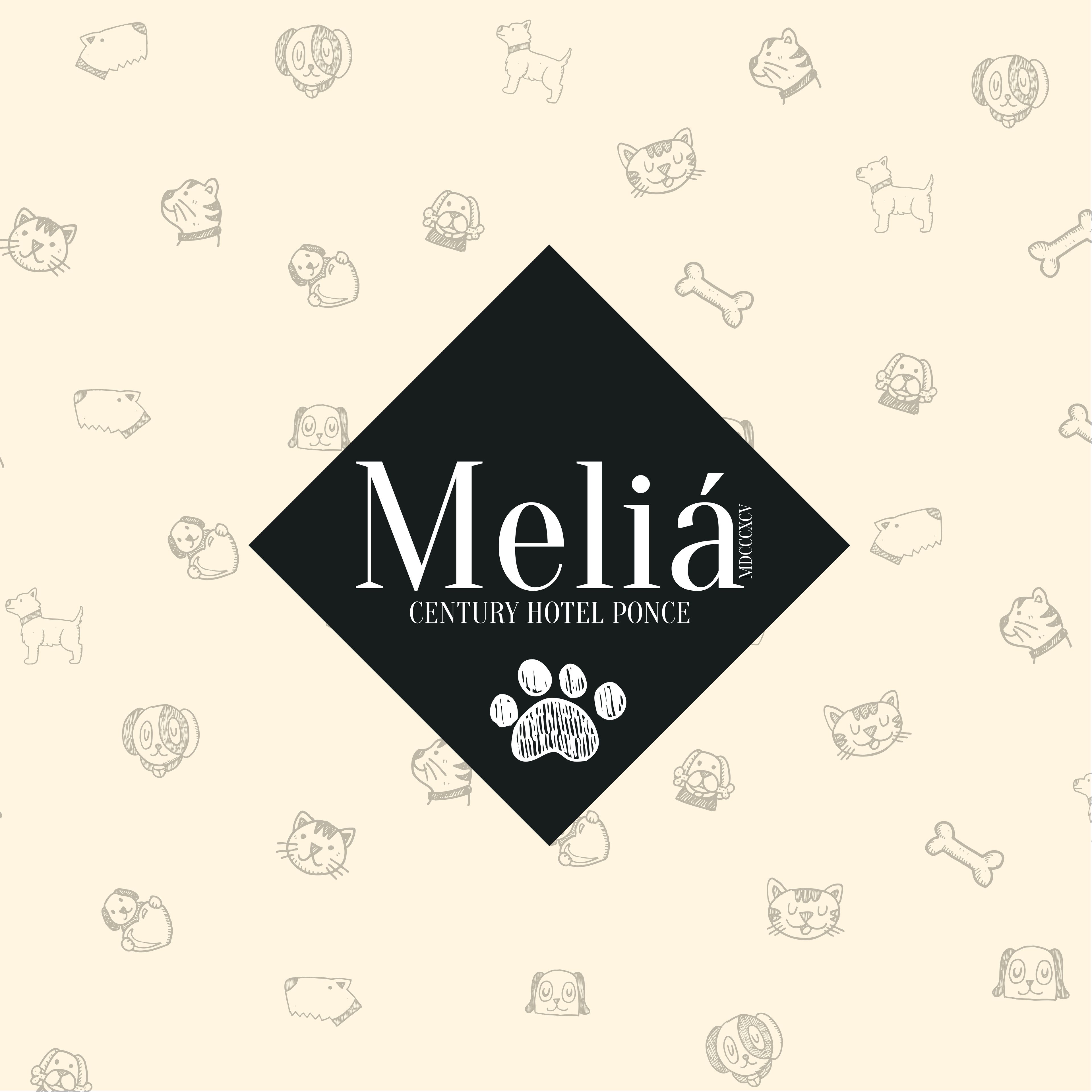 A logo for 'Meliá CENTURY HOTEL PONCE' with a black diamond shape and a paw print below the text.
