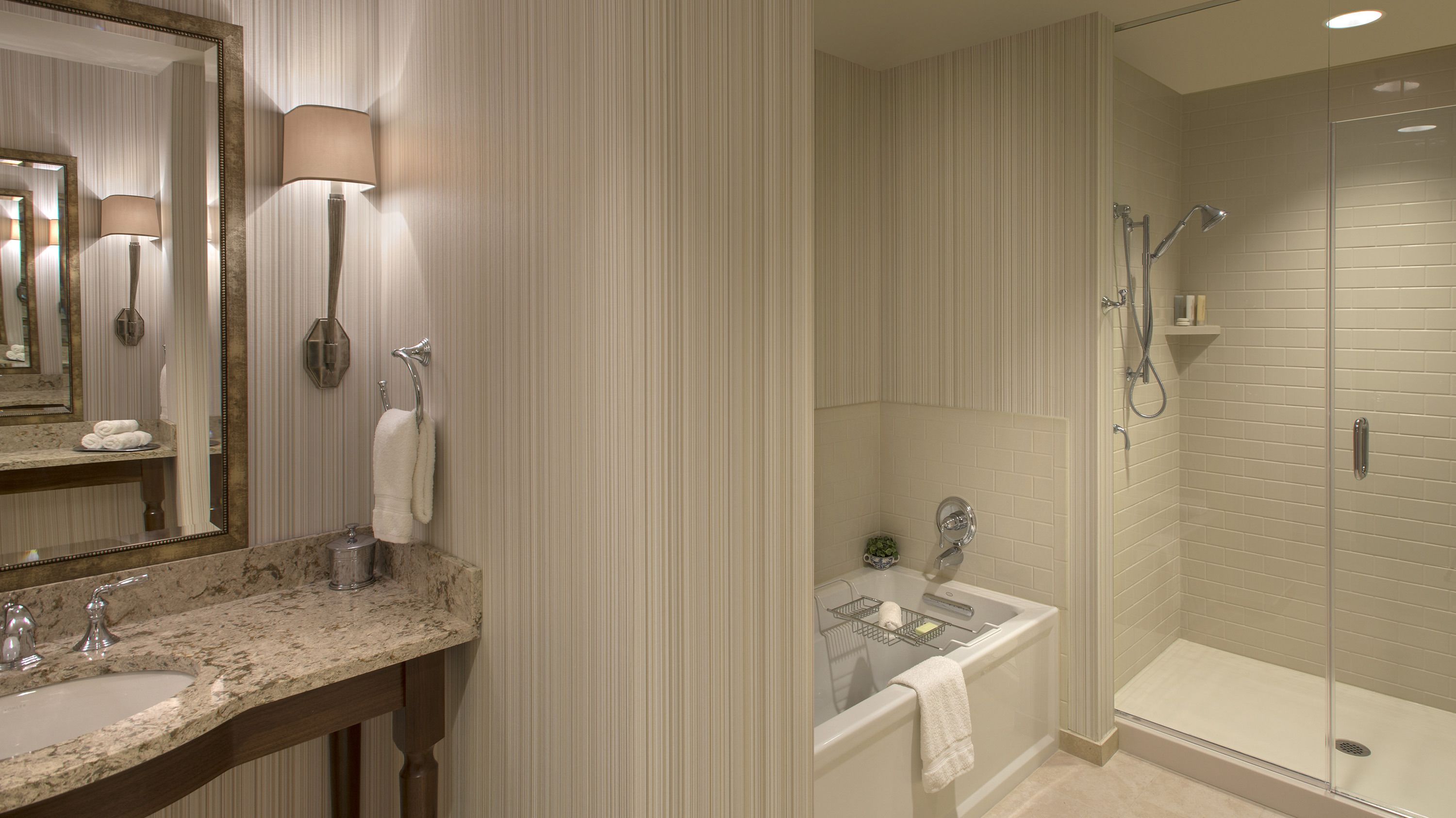 king suite | bathroom | shower, designer toiletries, hair dryer, towels