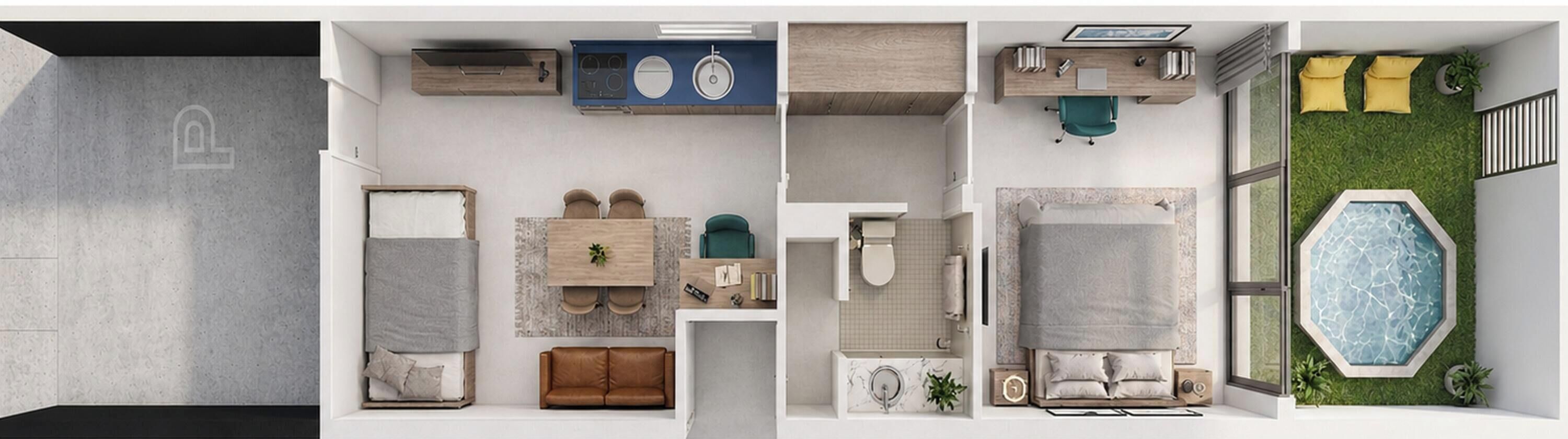 Una habitación de hotel moderna con cama, escritorio, baño y una pequeña piscina.