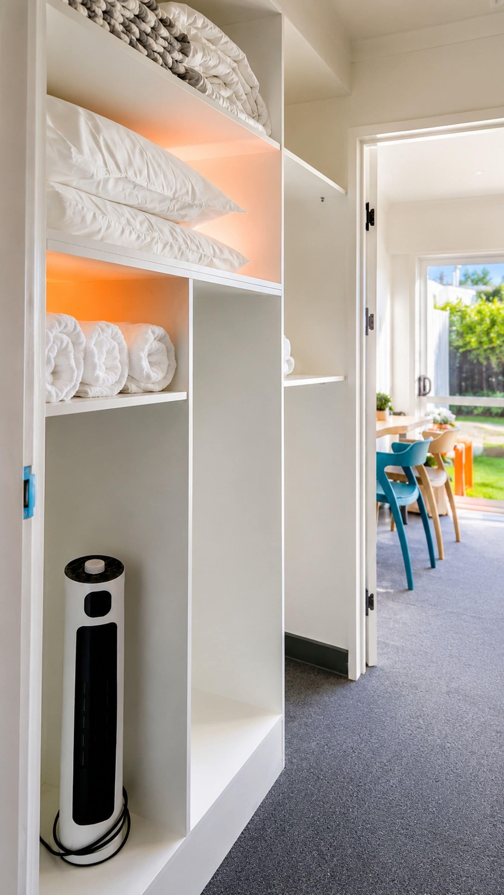 A modern interior with a built-in shelving unit, a compact heater, and a view of an outdoor dining area.