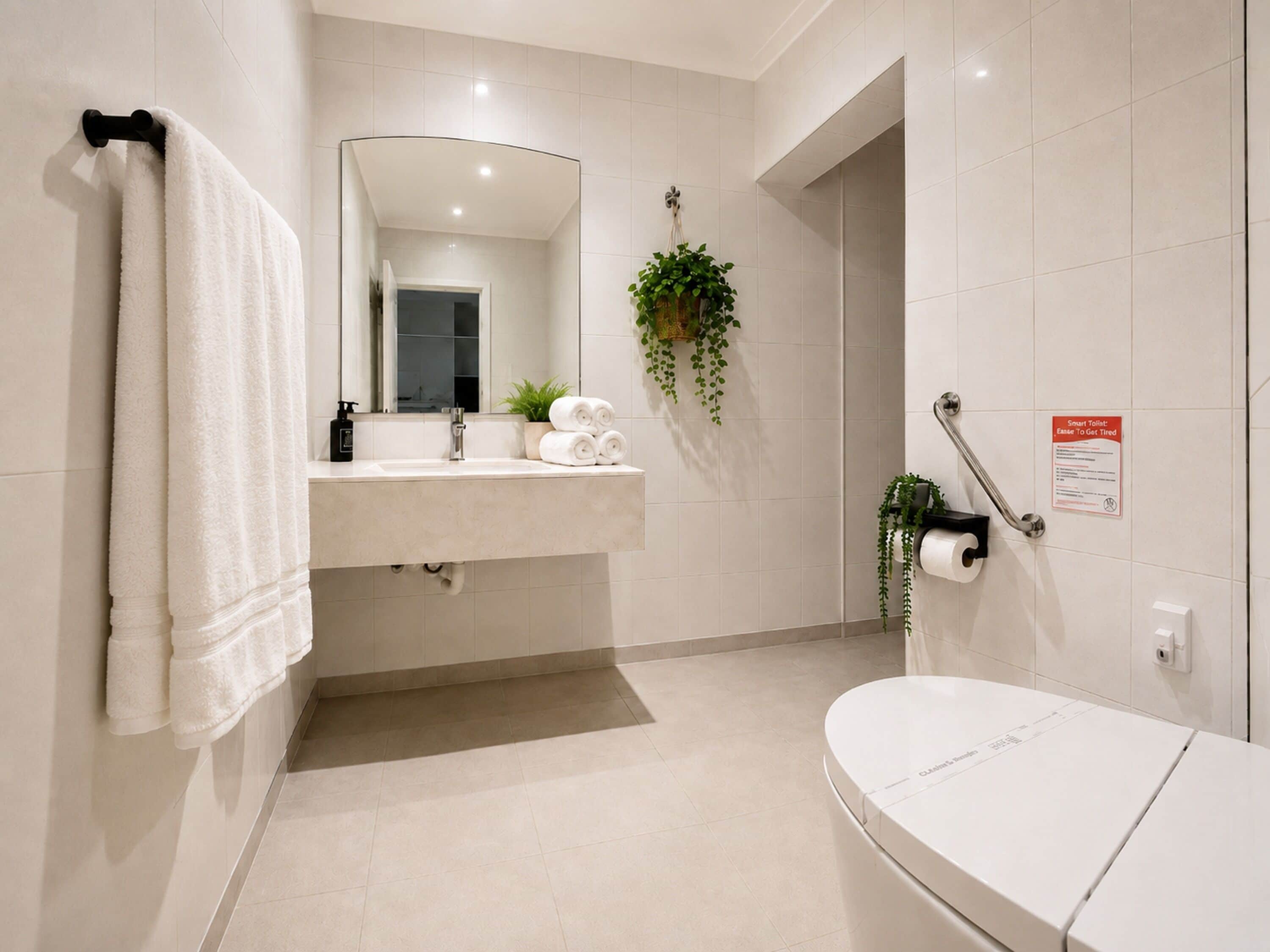Ein modernes Badezimmer mit Waschbecken, Spiegel und Toilette in Weiß. Auf der Ablage befinden sich Handtücher und eine Topfpflanze.