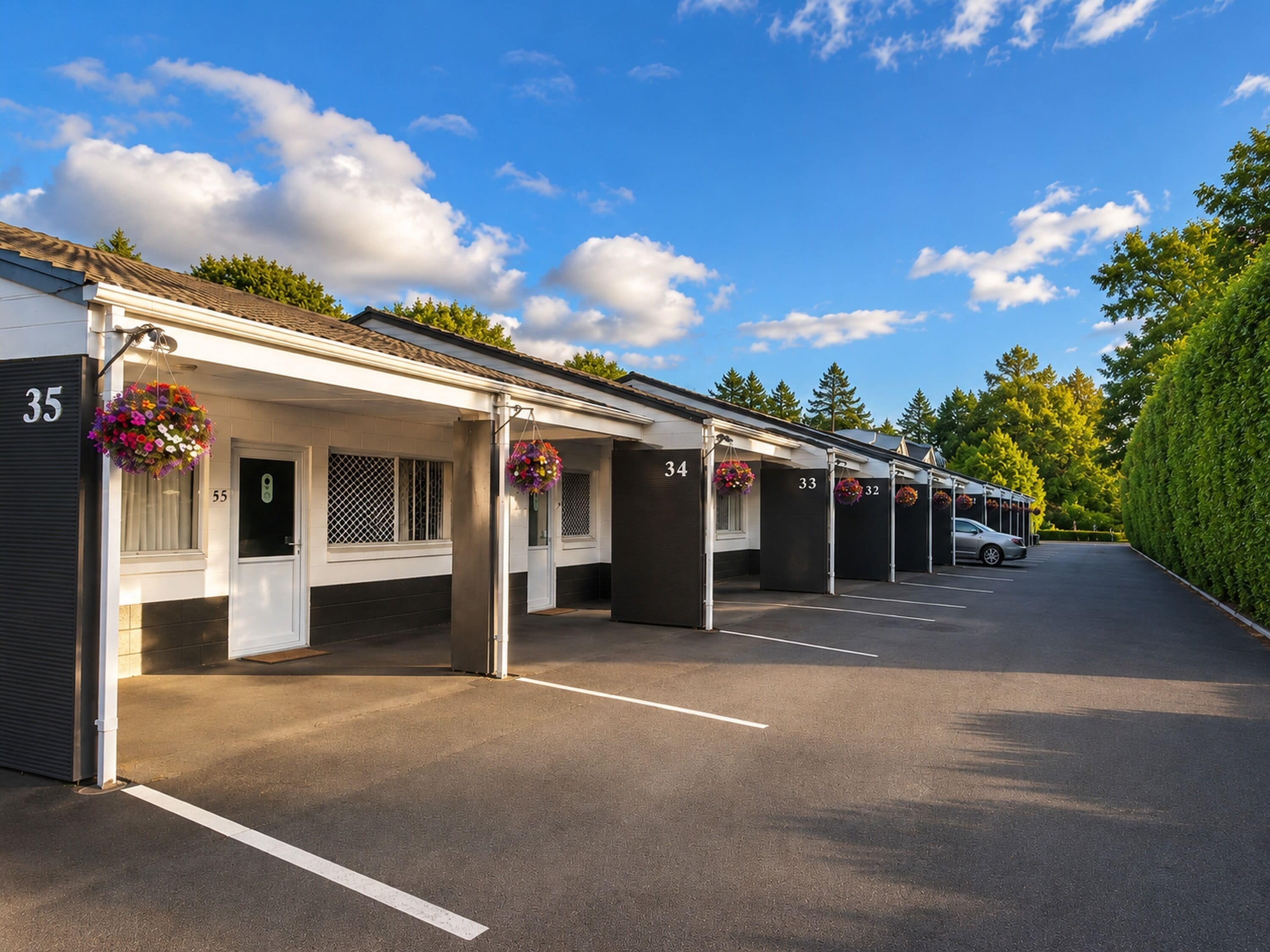A row of numbered motel rooms with a parking lot in front.