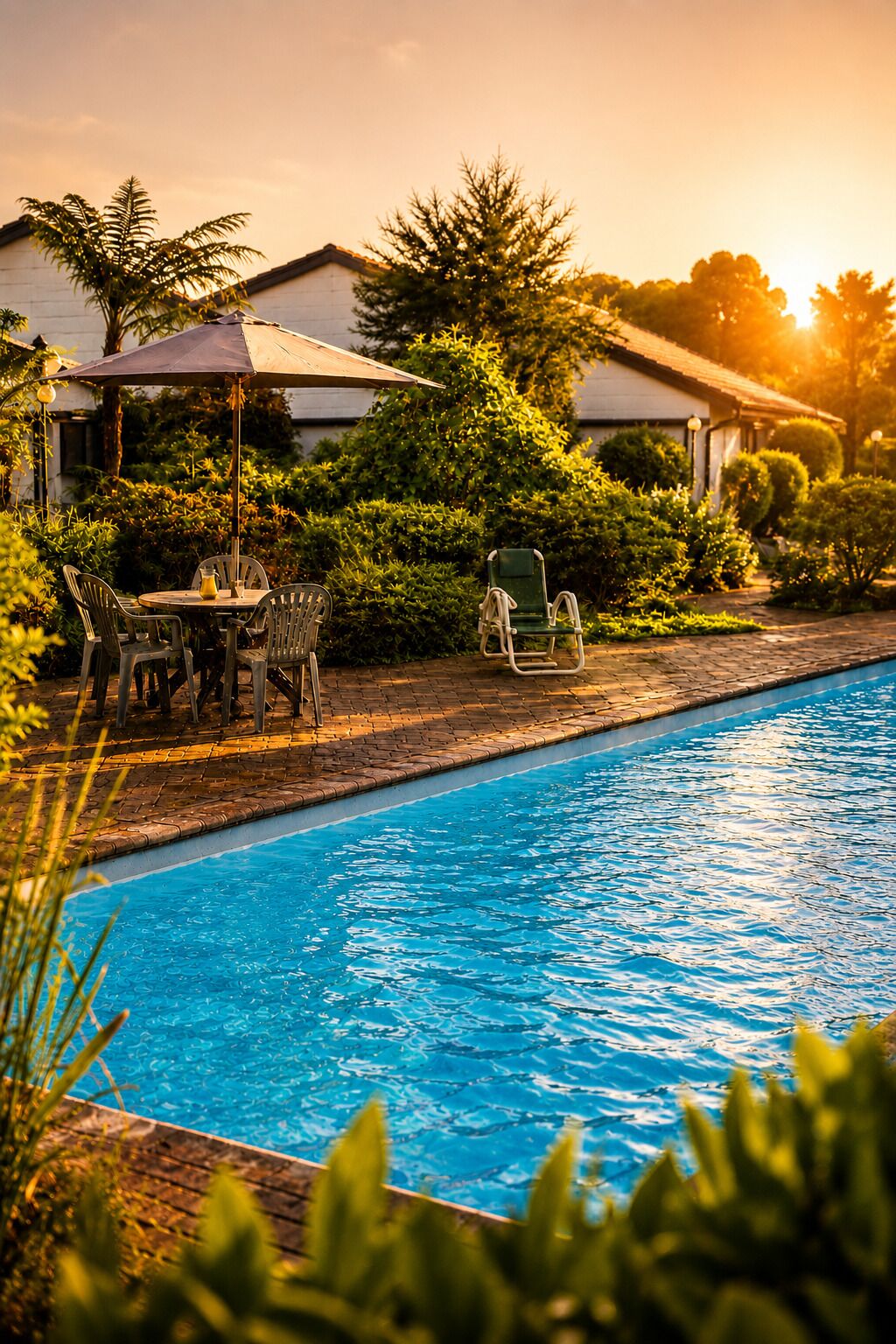 Una piscina al aire libre, sombrillas