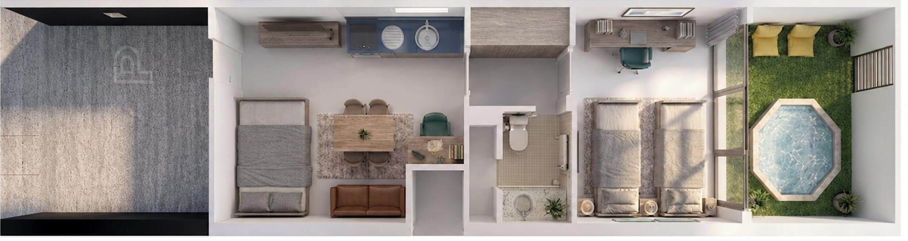 Une chambre d’hôtel moderne dotée d’un grand lit, d’un coin salon avec un canapé, d’une petite table, d’une salle de bain avec baignoire et d’une vue sur une piscine.