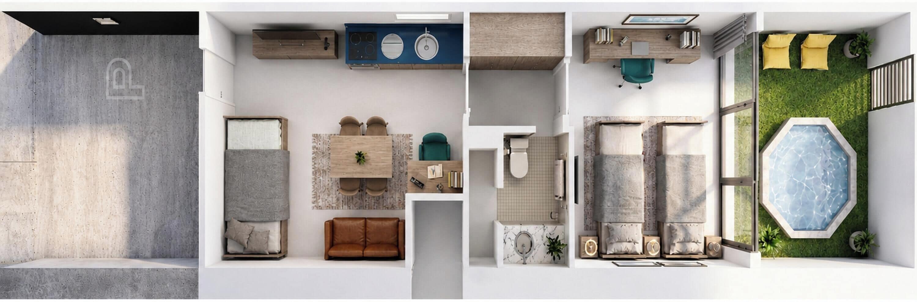 Een modern interieur met een zithoek, keuken, badkamer en een klein buitenzwembad.